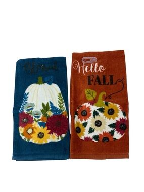 Autumn Pumpkin Floral Decorative Kitchen Towels - Blue & Rust